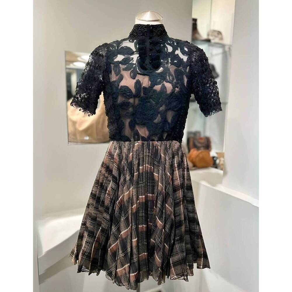 NEW BYRON LARS lace plaid mini dress in black